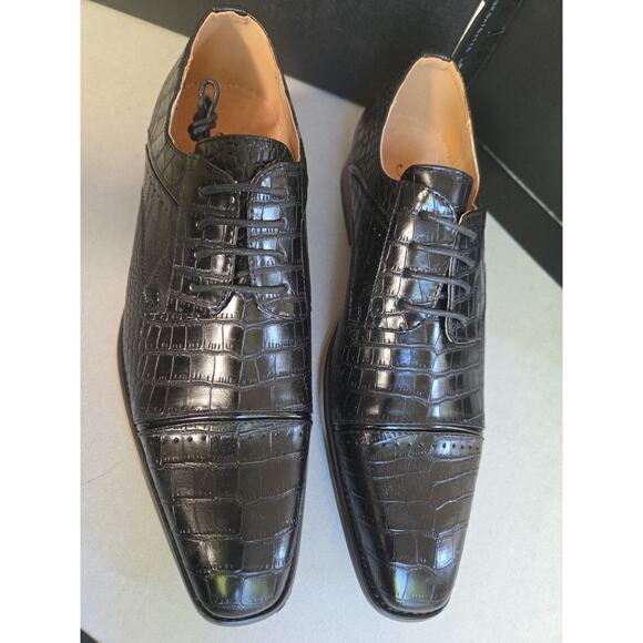 Amali Men\'s Navy Black Shoes Crocodile Print Burnished and Cap Toe Size 10.5